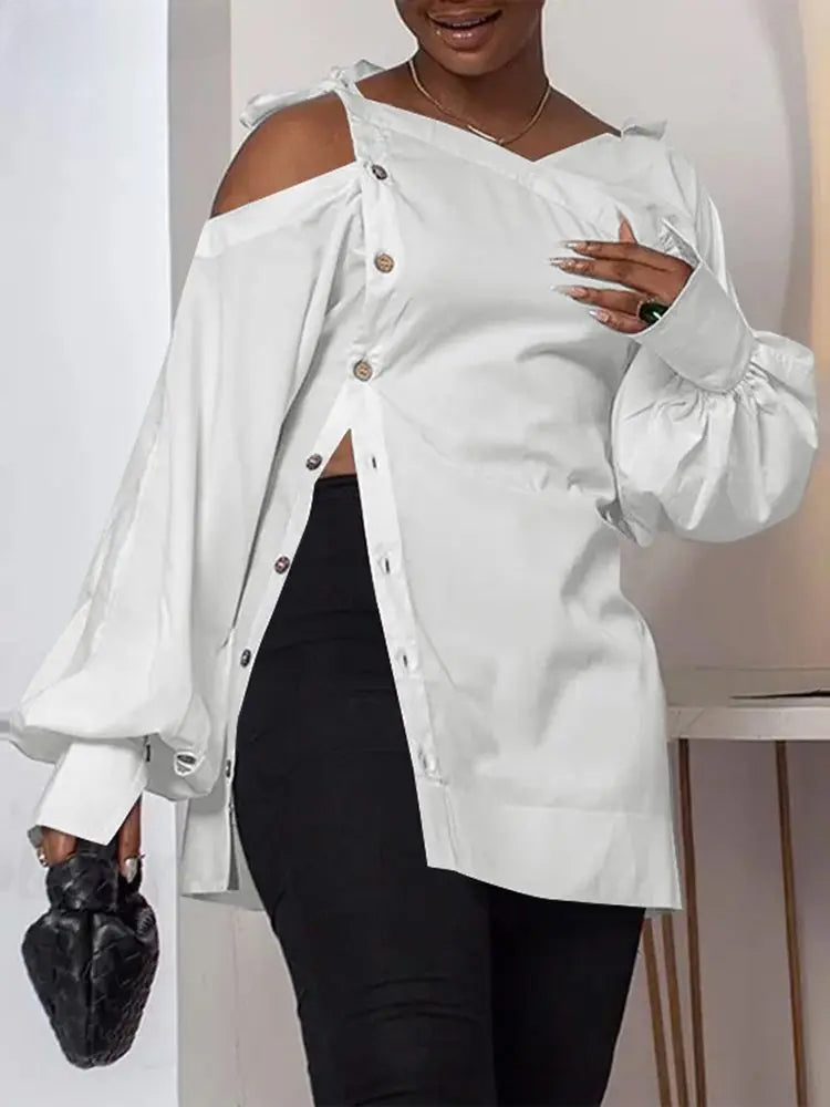 Irregular Solid Long Sleeve Off-Shoulder Blouse