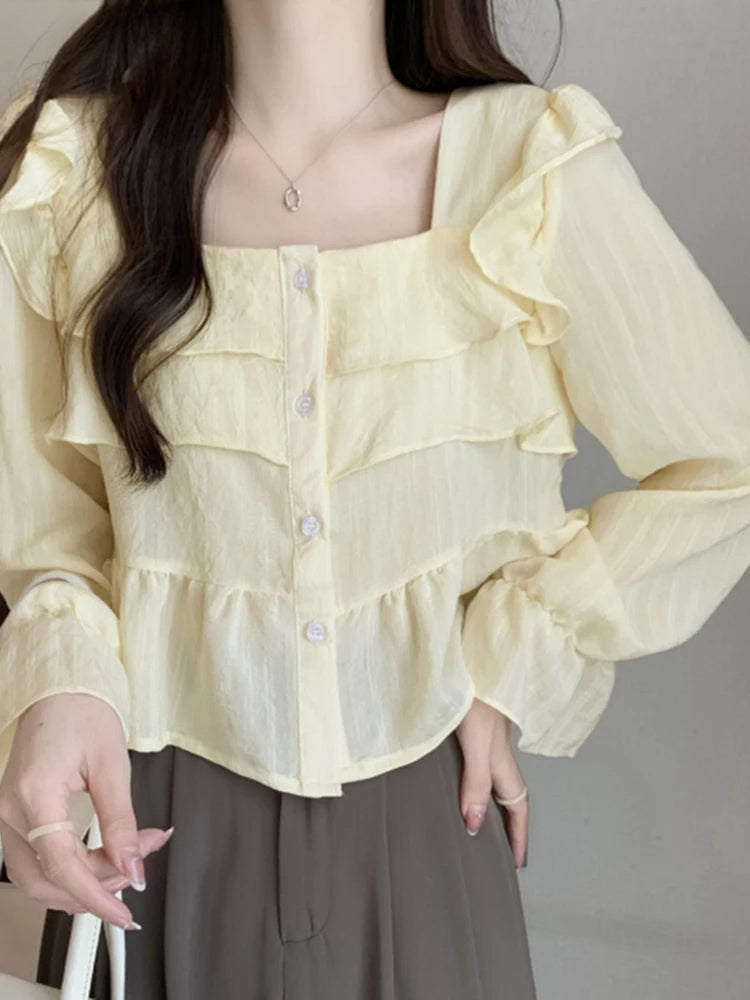 Ruffled Square Neck Flare Sleeve Blouse