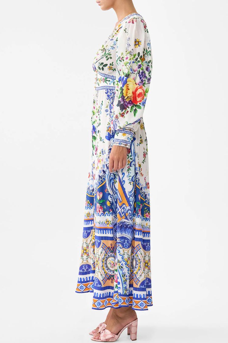 Printed V-neck Long-sleeved Puff Sleeve Waist Maxi Dress - Fashionpara