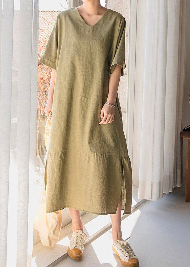 V-Neck Short Sleeve Side Slit Paneled Seam Loose Midi Dress
