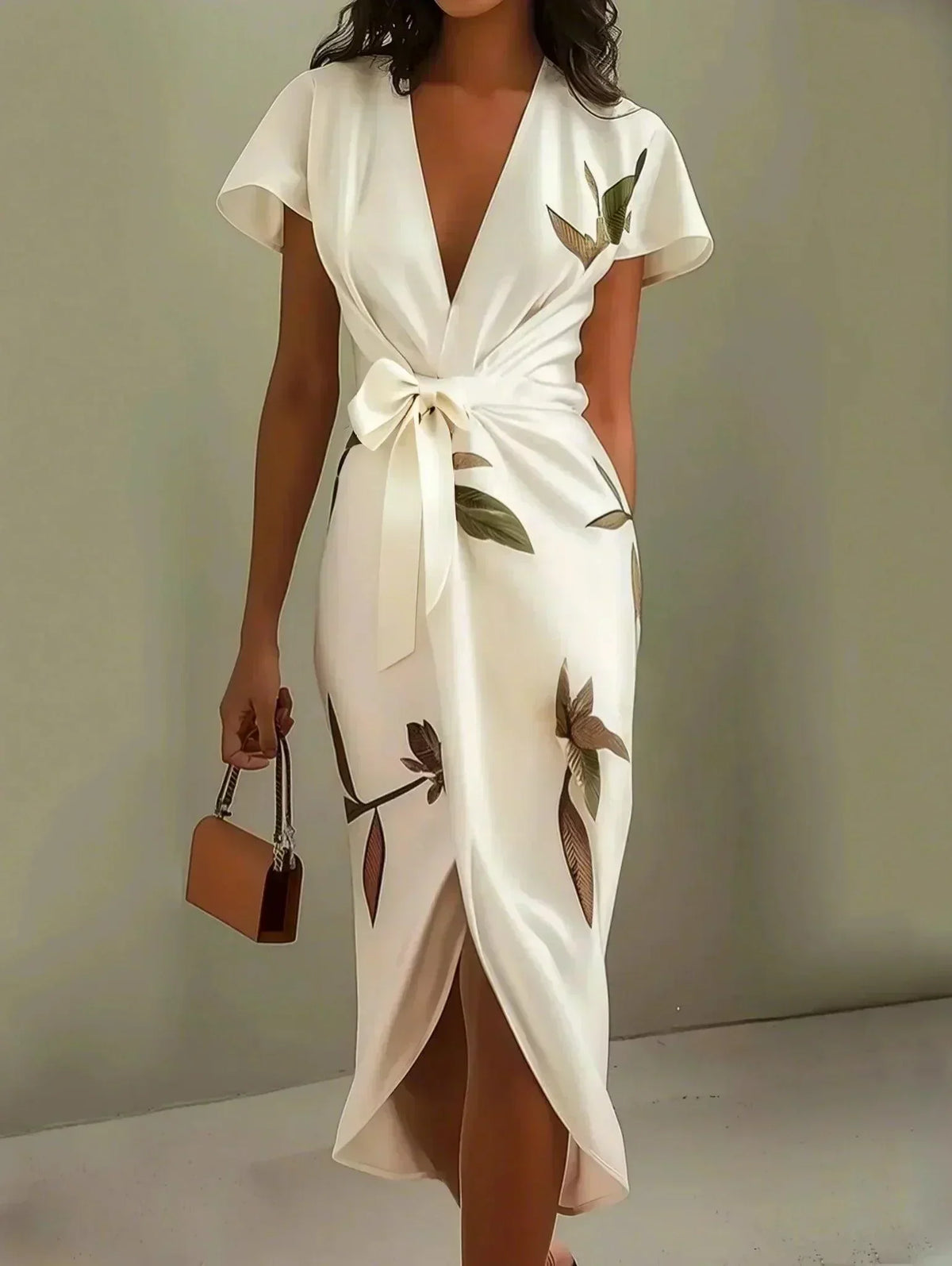 Floral V-Neck Short Sleeve Tie Waist Wrap Midi Dress