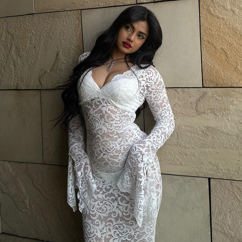 Lace Deep V-Neck Bell Sleeve Mermaid Maxi Gown - View 4