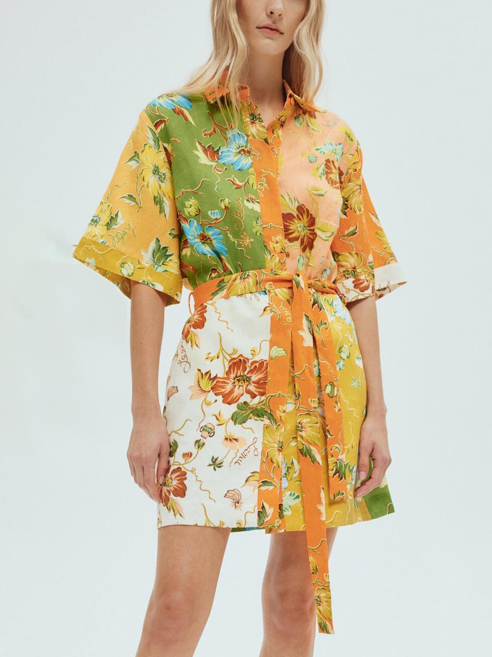 Floral Print Short Sleeve Tie-Front Shirt Dress
