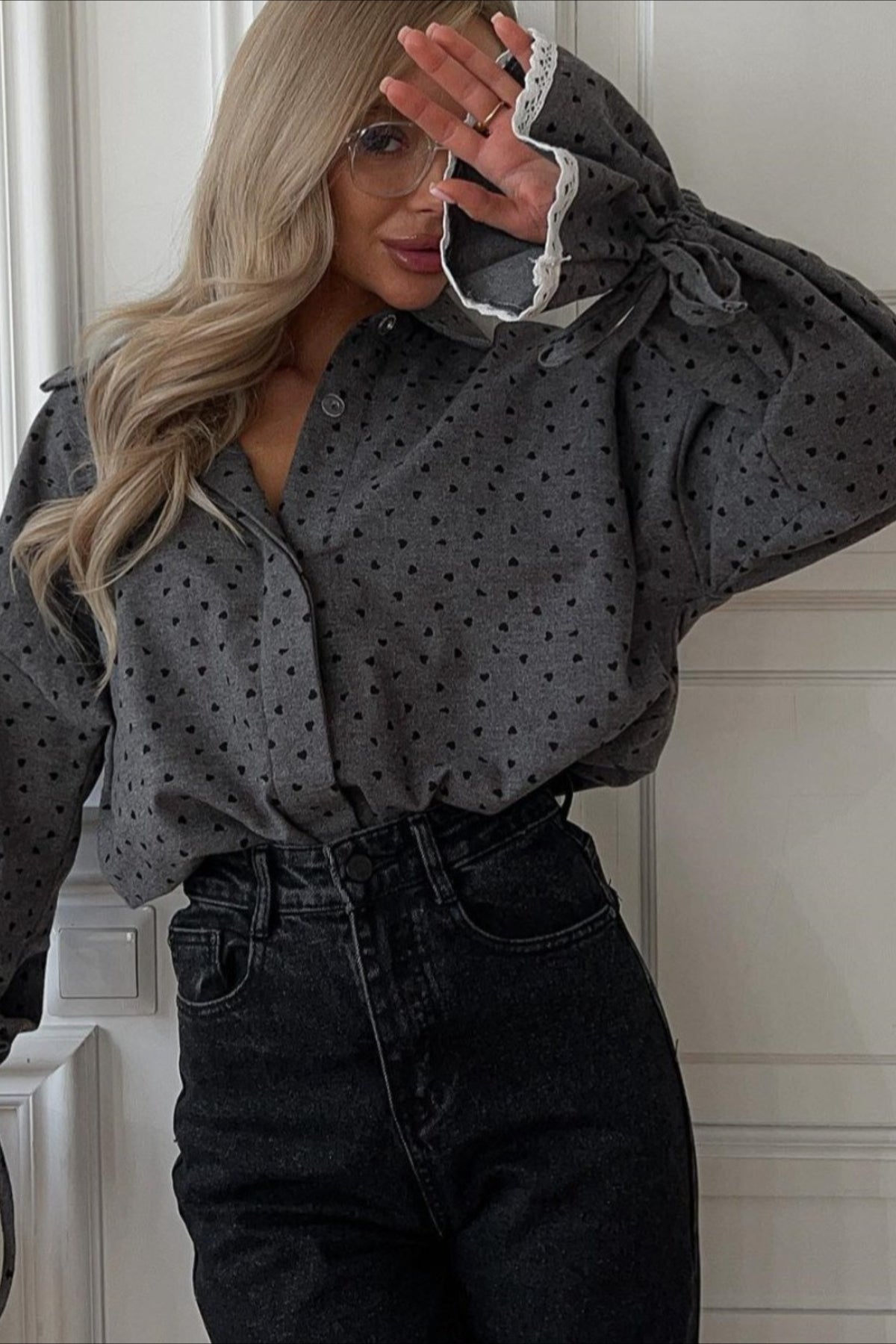 Polka Dot Lace Cuff Blouse - Fashionpara