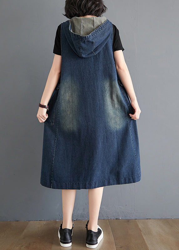 Denim Deep V-Neck Sleeveless Patch Pocket Distressed Wash Dress - View 5