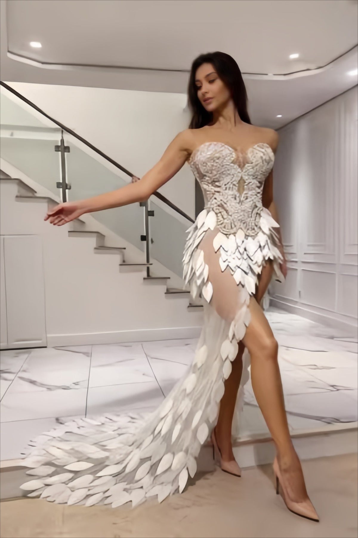Pearl Embroidered Sequin Leaf Strapless Wedding Dress