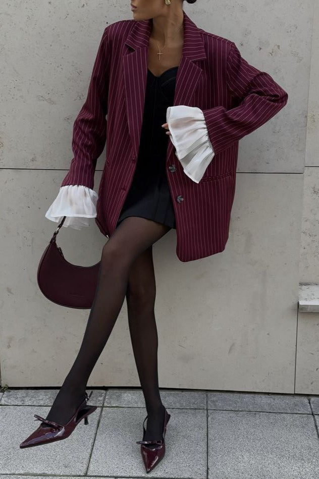 Striped Lace Ruffle Oversized Coat - Fashionpara