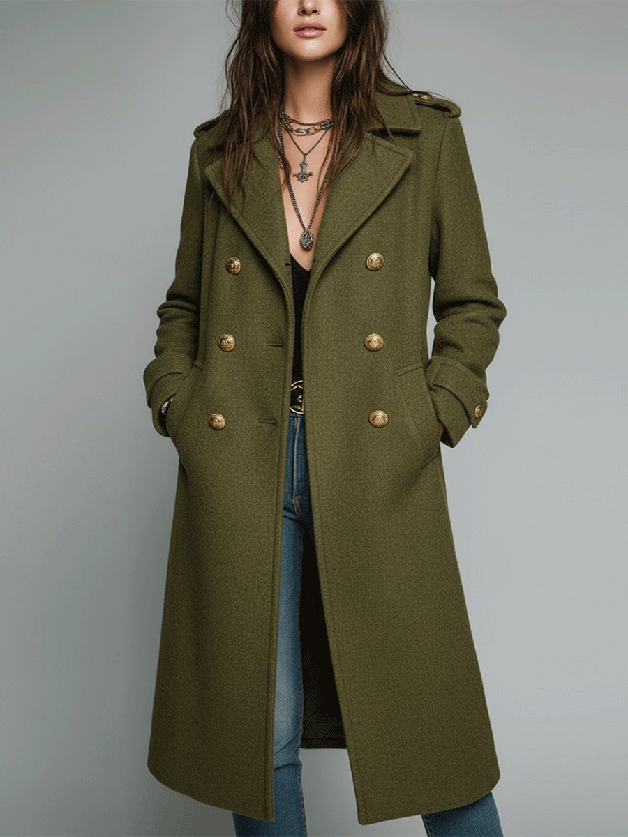 Vintage Olive Green Long Wool Blend Gold Buttons Trench Coat - Fashionpara