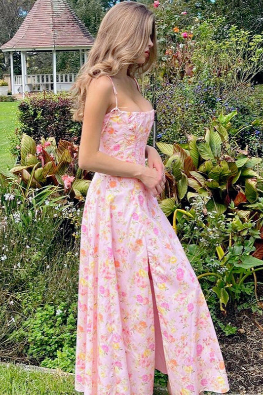Floral Spaghetti Strap Bustier Corset A-Line Maxi Dress - View 2
