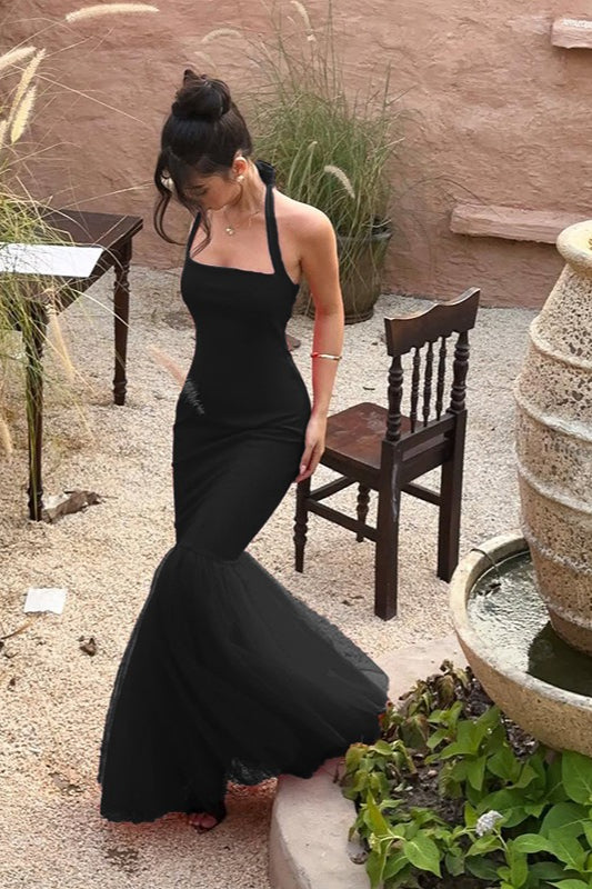 Backless Square-Neck Halter Tulle Mermaid Gown