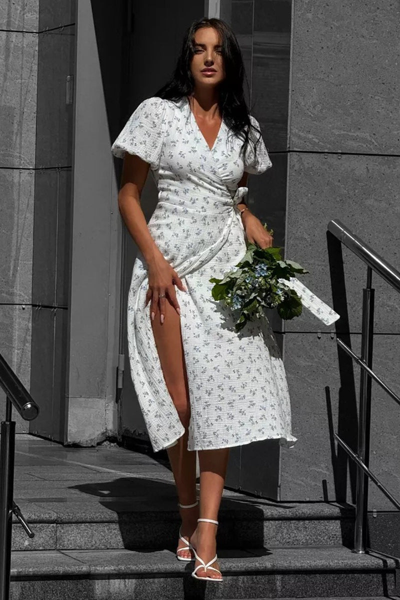 Floral V-Neck Puff Sleeve Wrap A-Line Midi Dress 7