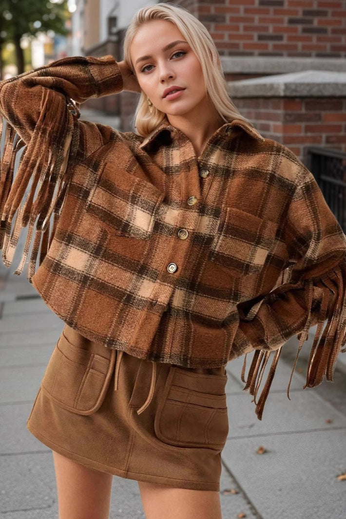 Elegant Plaid Wool Short Coat with Stylish Side Fringes