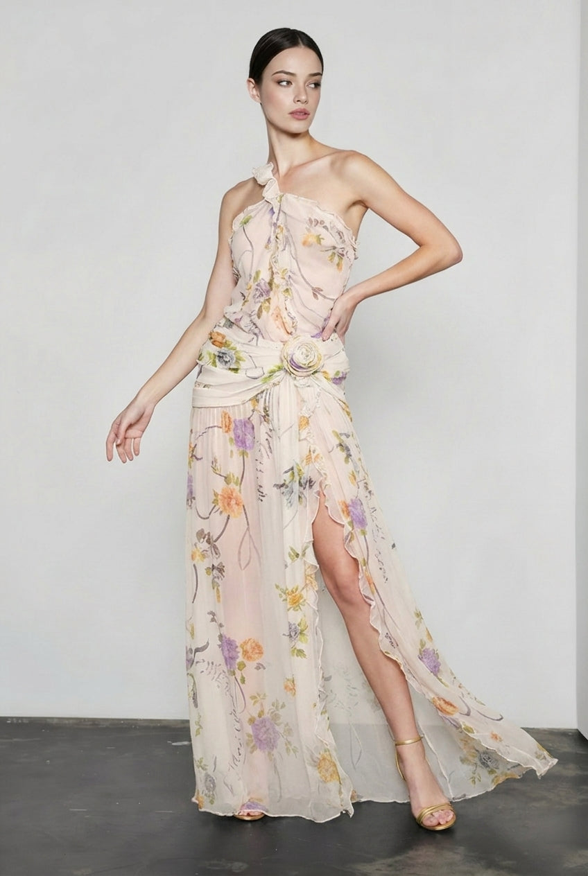 Floral One Shoulder Ruffle Rosette Maxi Gown 4