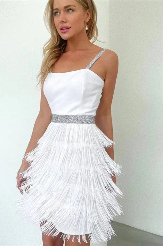 Elegant Black White Blue Sling Fringe Midi Cocktail Dress