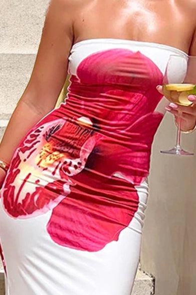 Floral Print Strapless Ruched Bodycon Maxi Dress