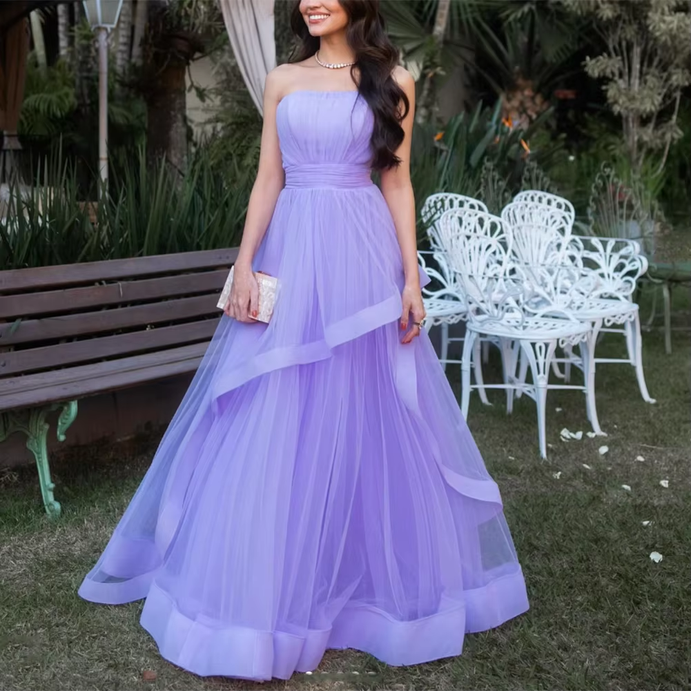 Lavender Tulle Long Dresses Wedding Party Ruffles Strapless Prom Dresses Formal Occasion Dress