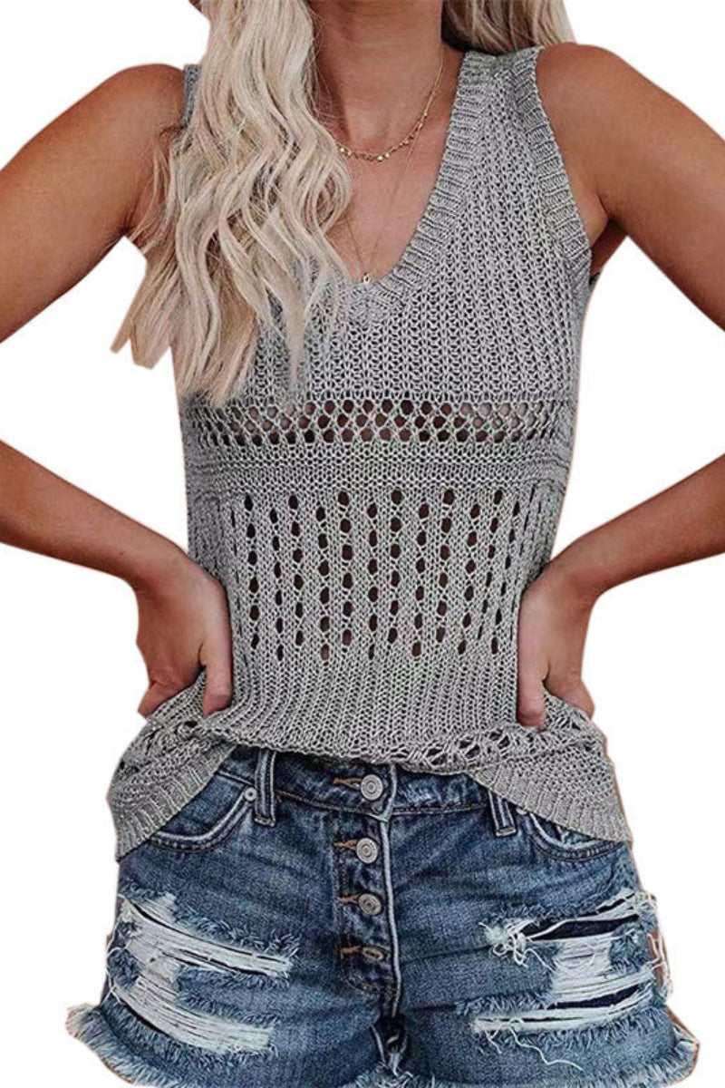 V Neck Sleeveless Hollow Out Knit Vest(2 Colors)