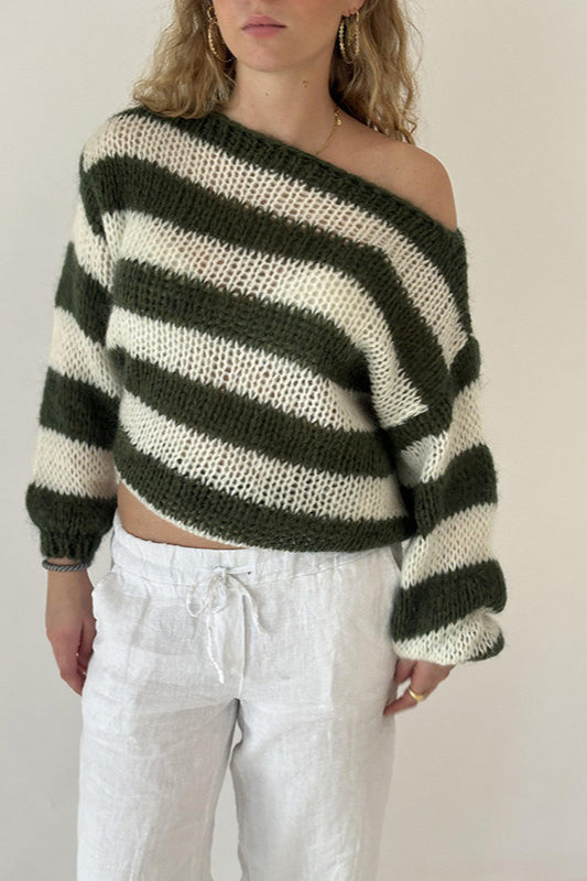 PrincessAce Striped Slouchy Crewneck Knit Sweater for Comfort