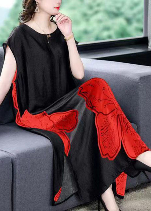 Floral Print Cap Sleeve Round Neck Side Slit Shift Midi Dress - View 3