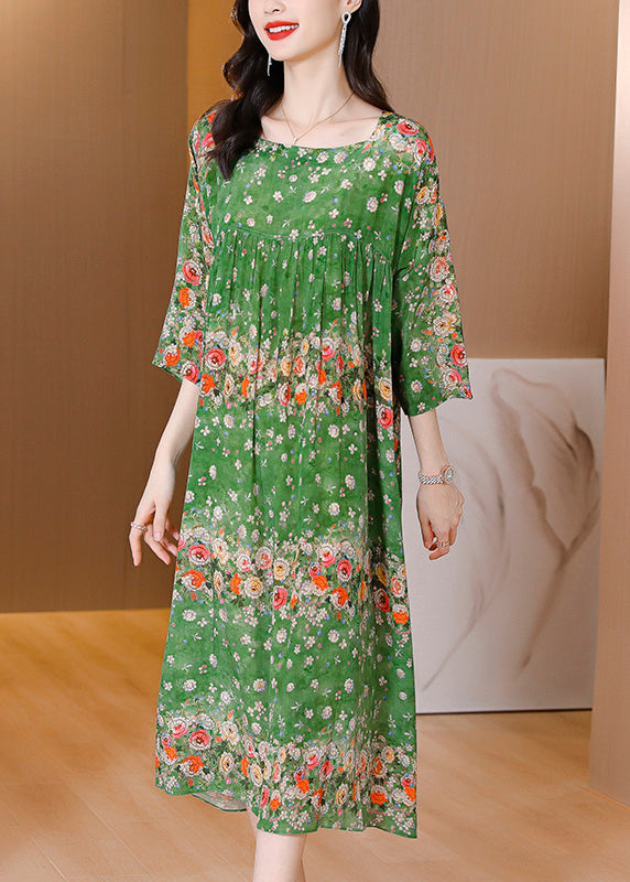 Floral Print Border Trim Round Neck Three Quarter Maxi Dress - View 2