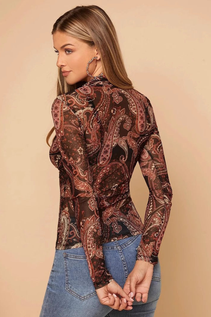 Paisley Print Stand Collar Mesh Long Sleeve Blouse