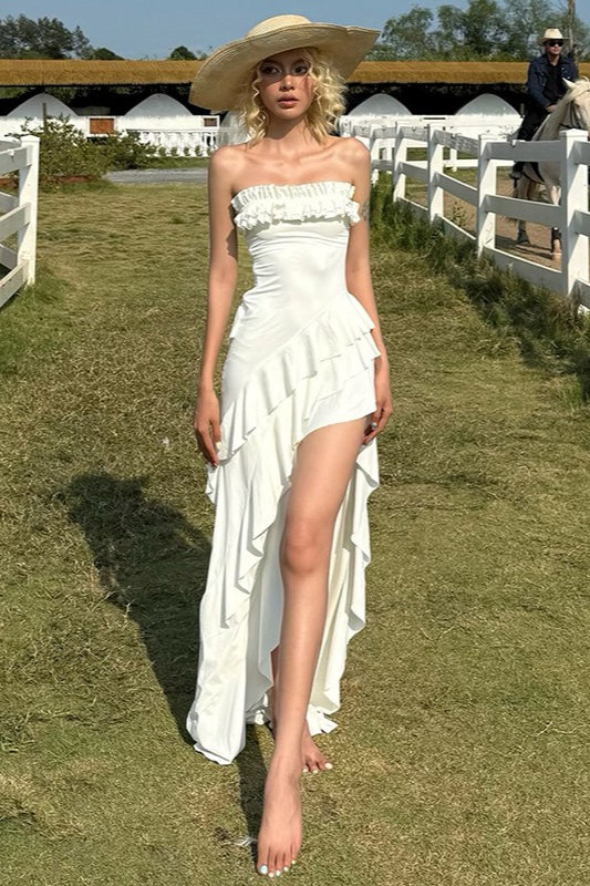 Strapless Ruffle Trim High-Slit Fishtail Maxi Dress 2