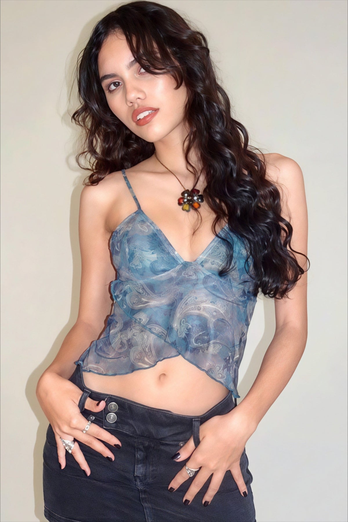 Mesh Print Backless Casual Cami Top