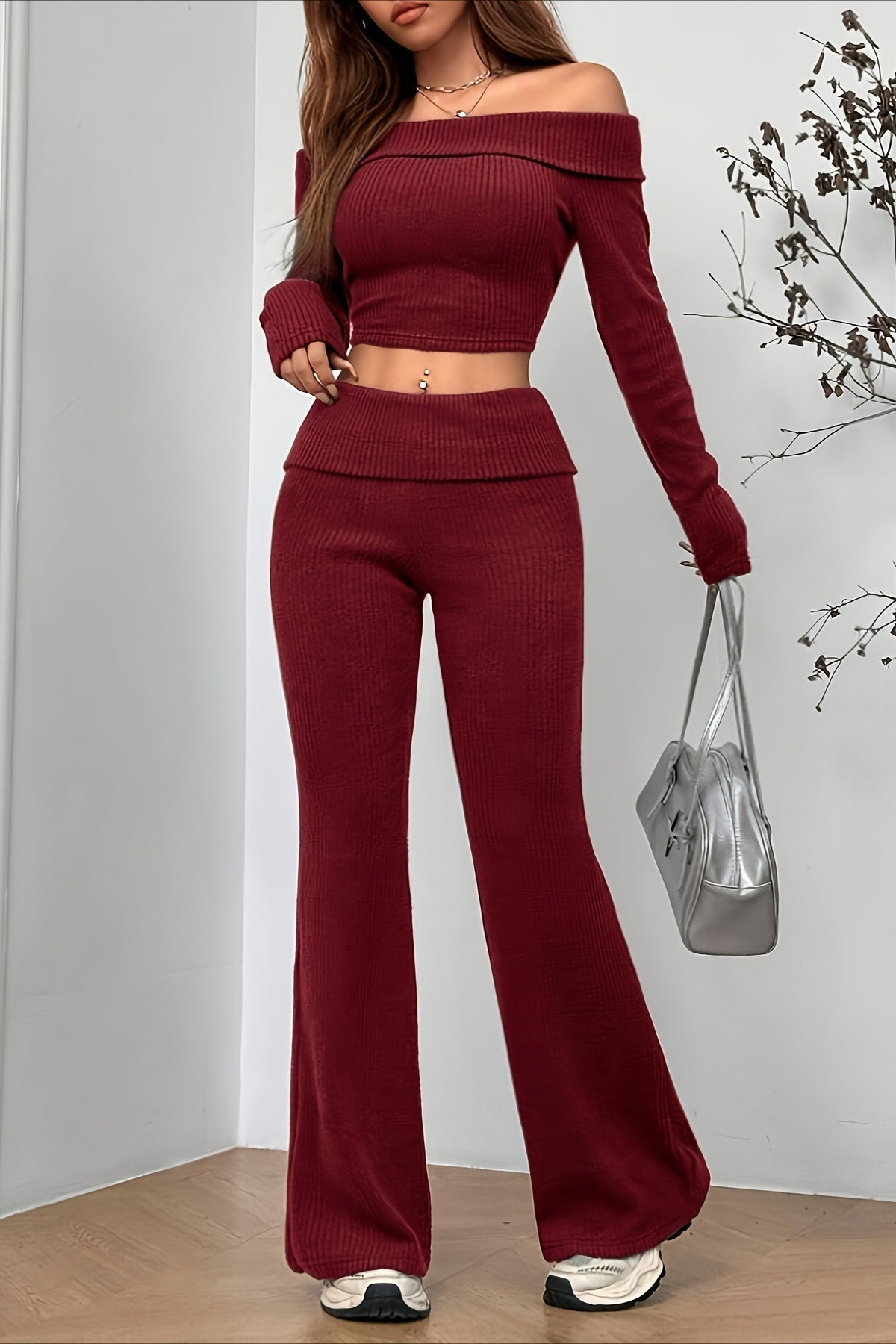 Sexy Off-Shoulder Fitted Crop Top Pants Two Piece Set