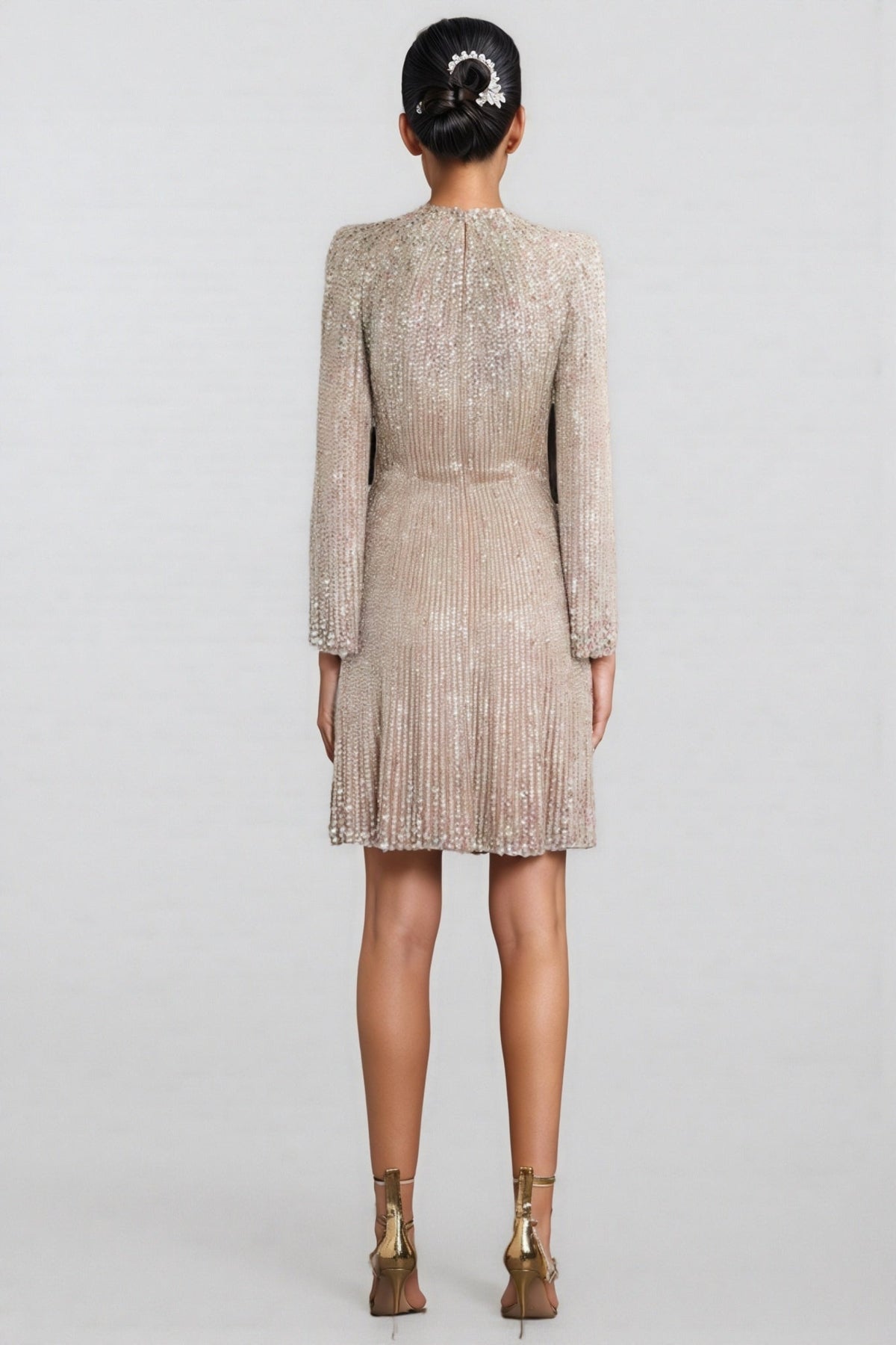 Sequin Long Sleeve Crew Neck Structured Shoulder Shift Mini Dress - View 3