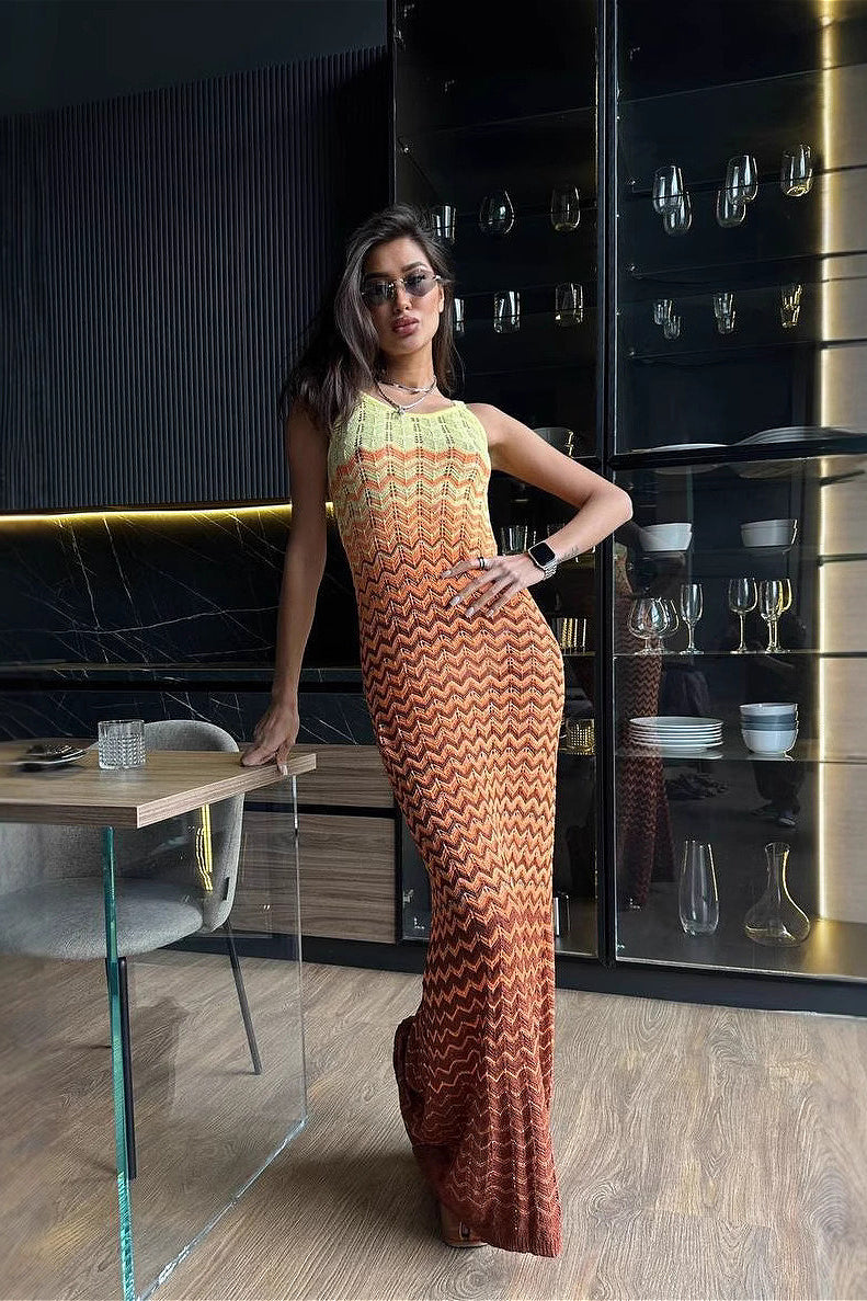 Chevron Knit Scoop Neck Sleeveless Maxi Dress