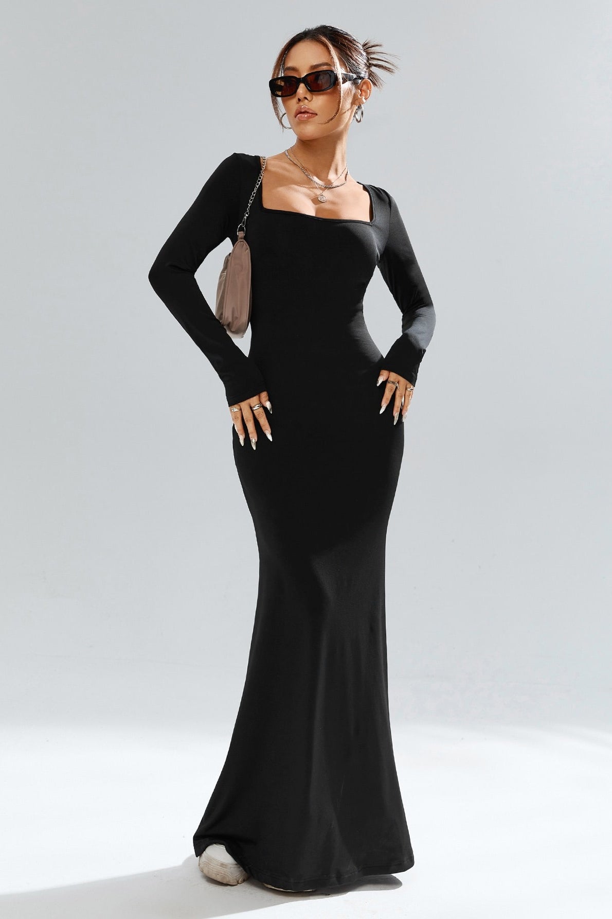Square Neck Long Sleeve Bodycon Mermaid Maxi Dress