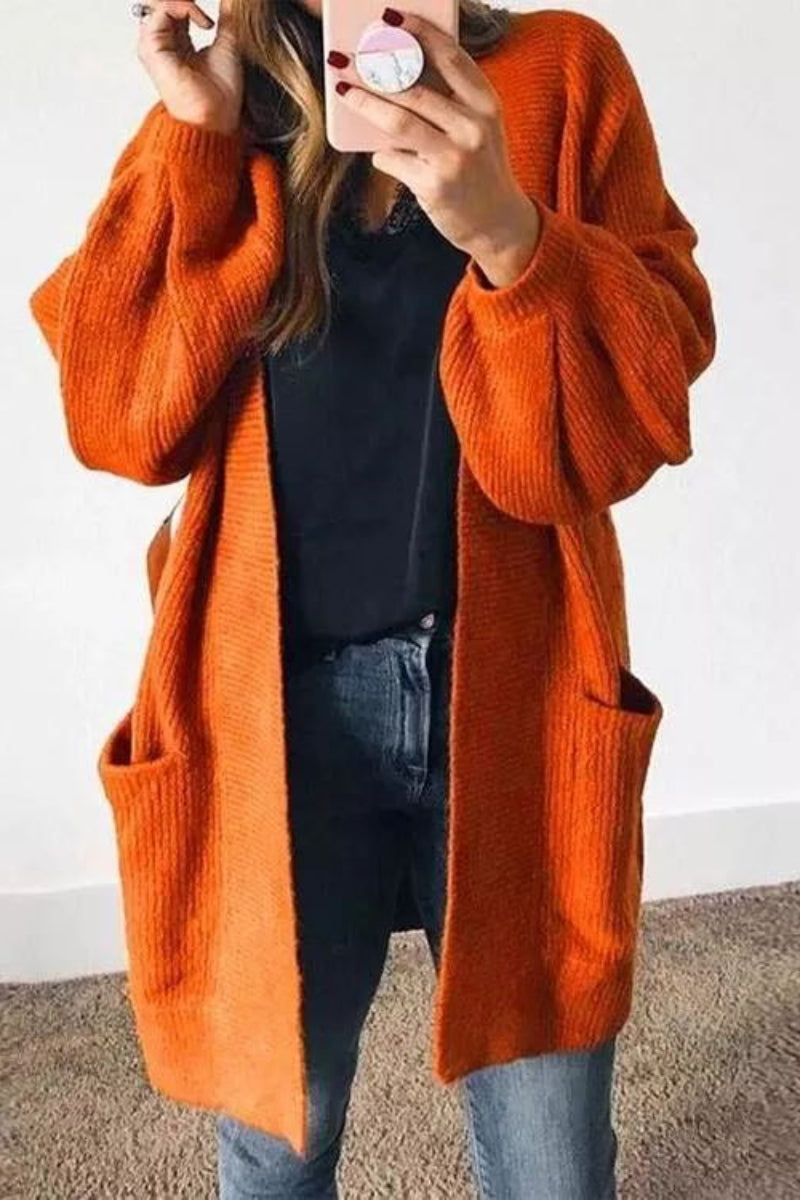 Pumpkin Color Lantern Sleeve Long Knitted Cardigan  Fashionpara