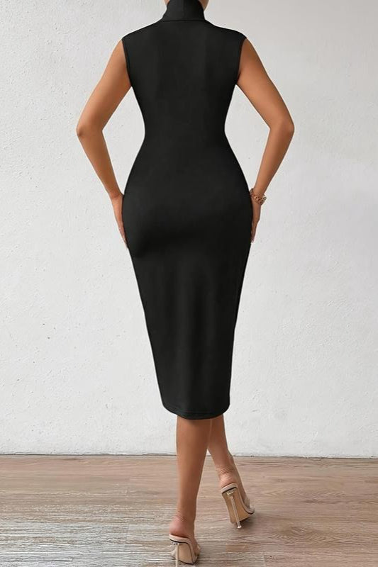Deep V-Neck Collared Ruched Bodycon Midi Dress 4