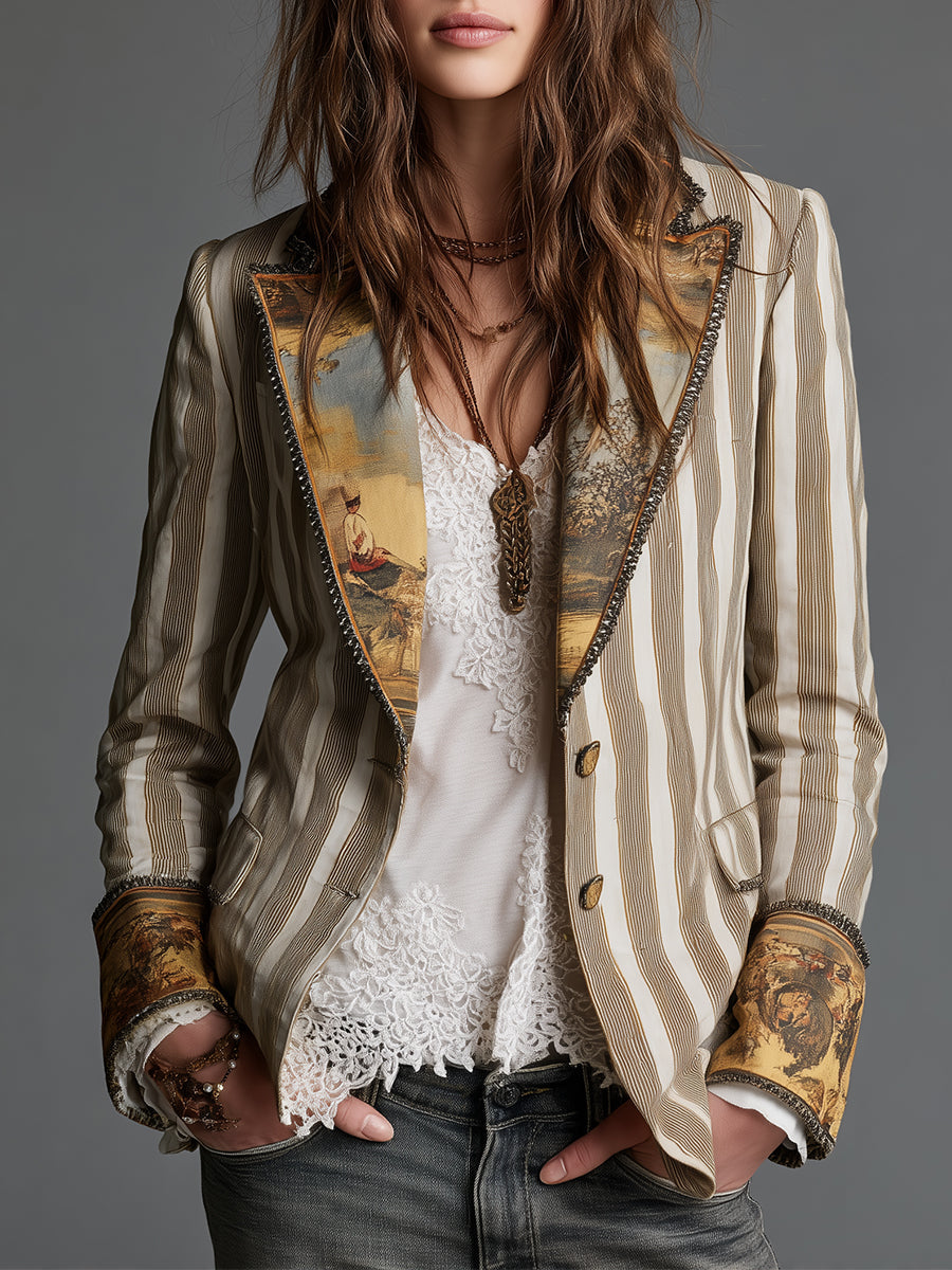 Striped Contrast Print Lapel Single Button Blazer