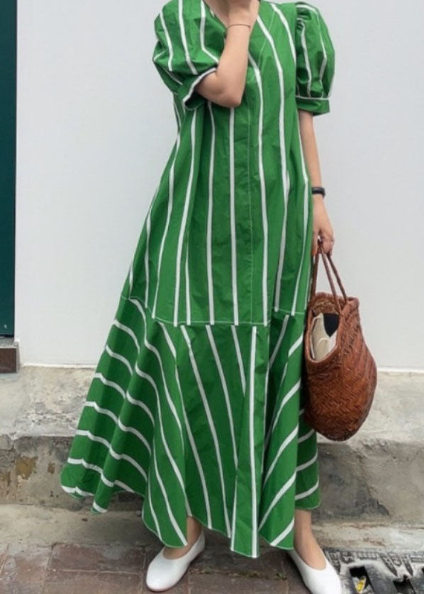 Striped V-Neck Puff Sleeve Tiered Flounce A-Line Maxi Dress