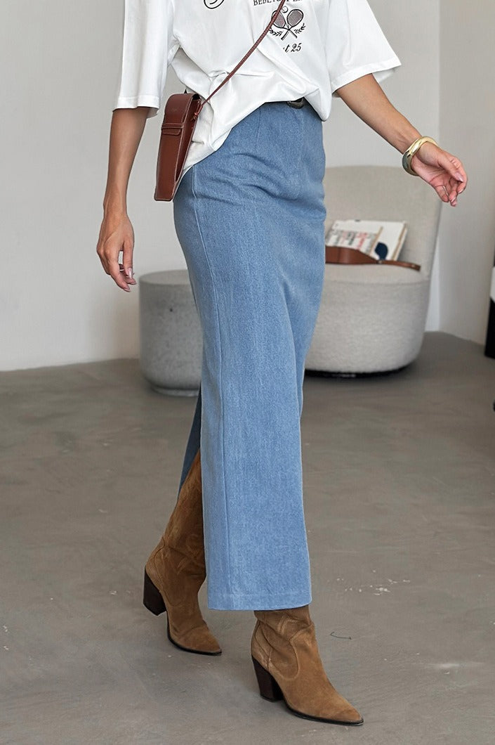 Blue Denim Bodycon Split Skirt