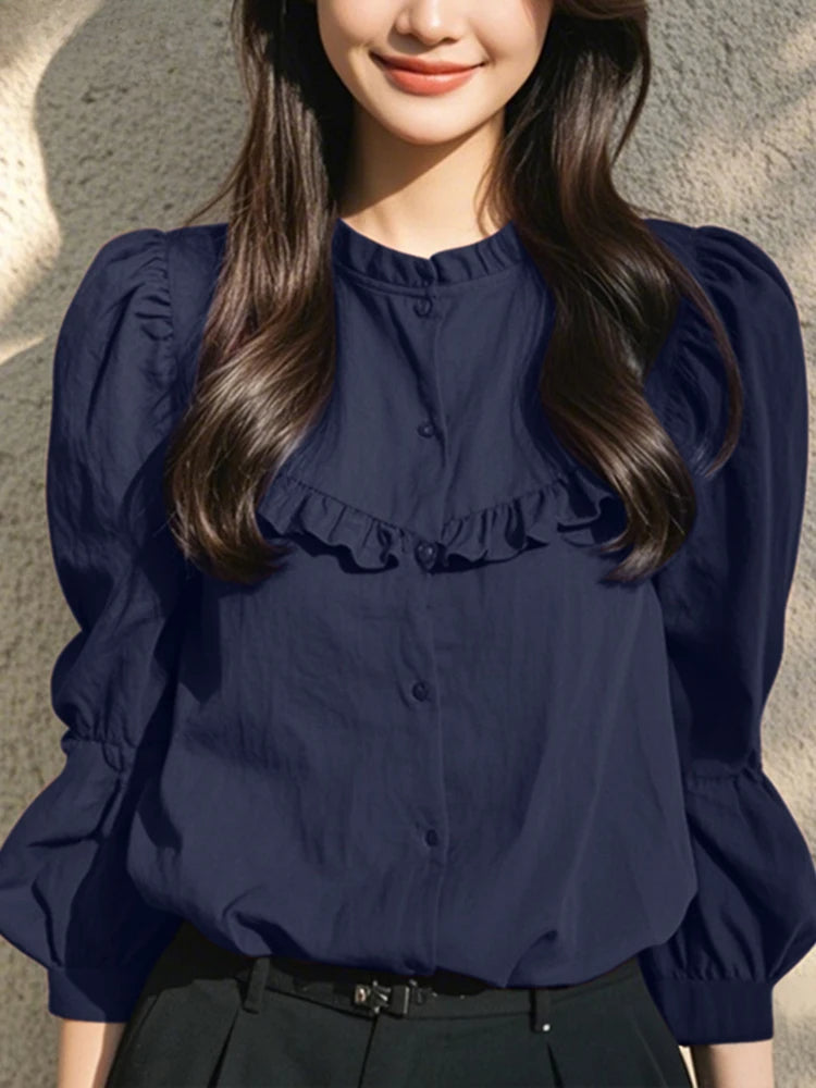 Button-Up O-neck Lantern Sleeve Casual Blouse