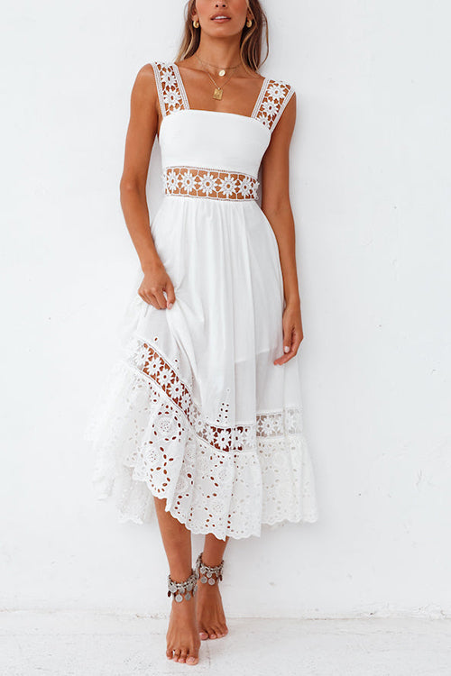 Square Neck Sleeveless Eyelet Lace Crochet Waist Midi Dress - View 11