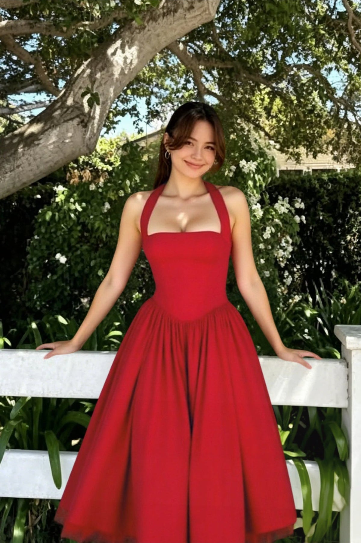 Halter Neck Basque Waist Fit and Flare Midi Dress 7