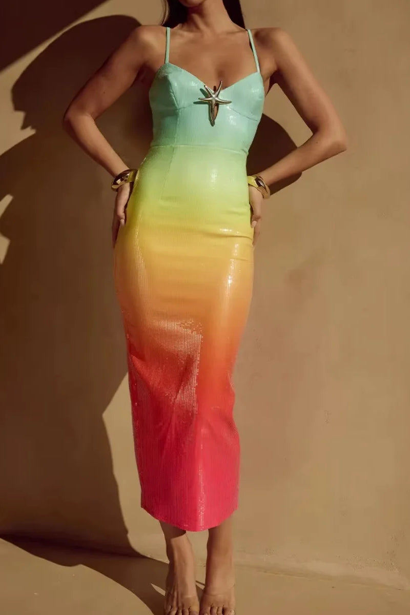 Gradient Sequin Spaghetti Midi Dress