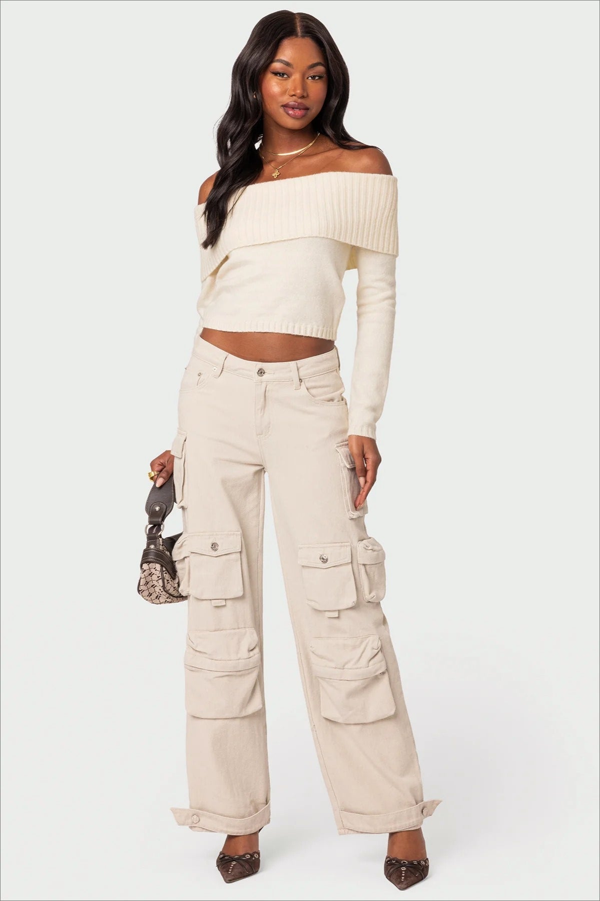 Solid Color Off-Shoulder Boat Neck Long-Sleeve Knit Top 8