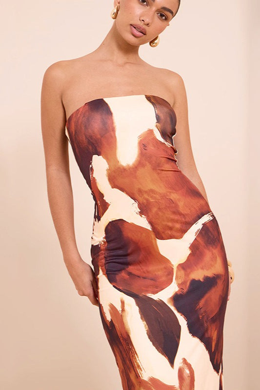 Abstract Print Strapless Bodycon Maxi Dress