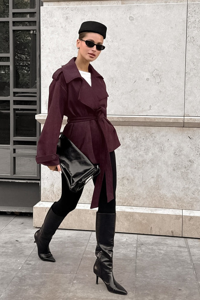 Suede Solid Tie Waist Thickened Warm Coat