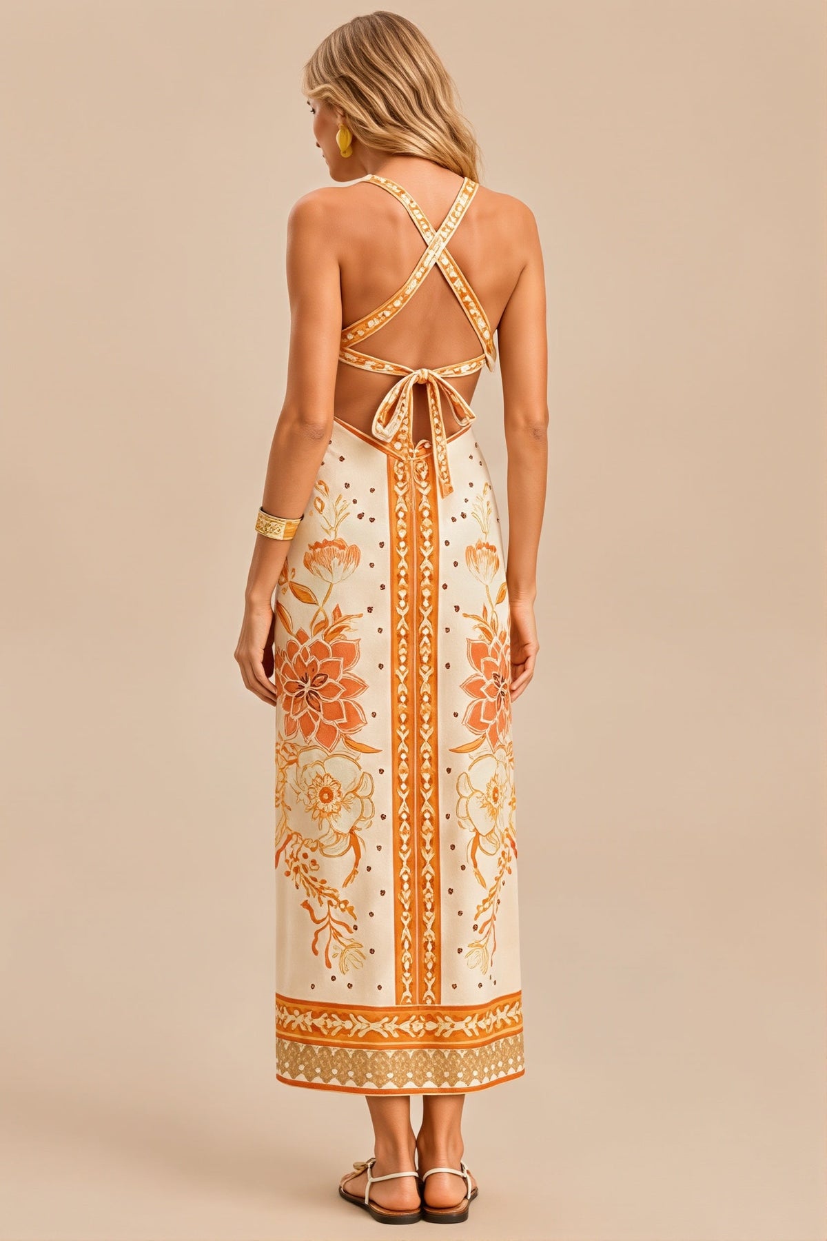 Floral Placement Print Halter Neck Maxi Dress