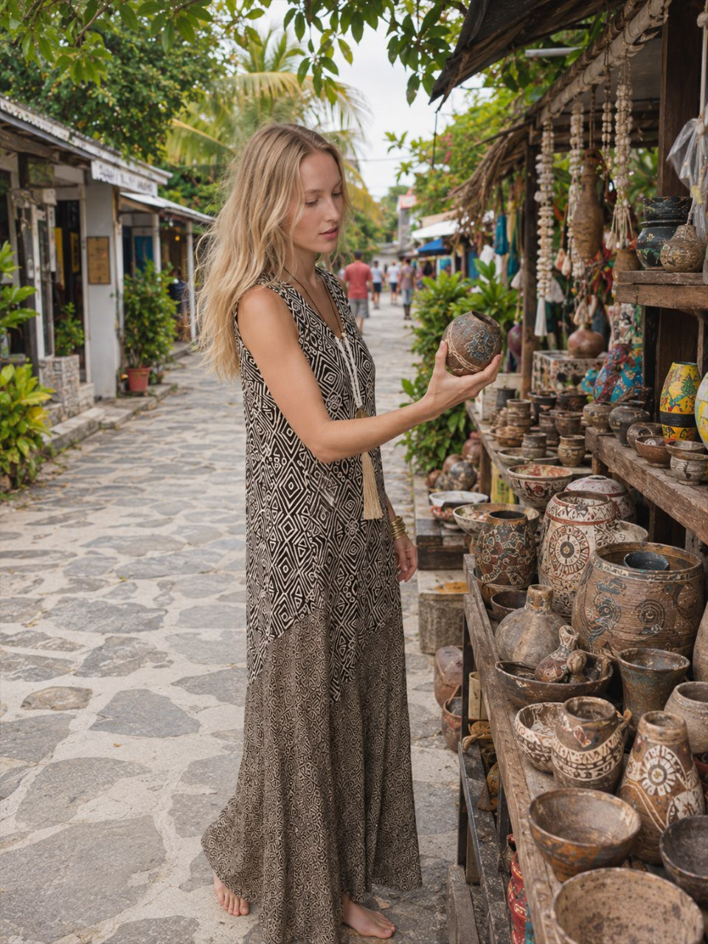 Geometric Print V-Neck Tassel Tie Boho Maxi Dress