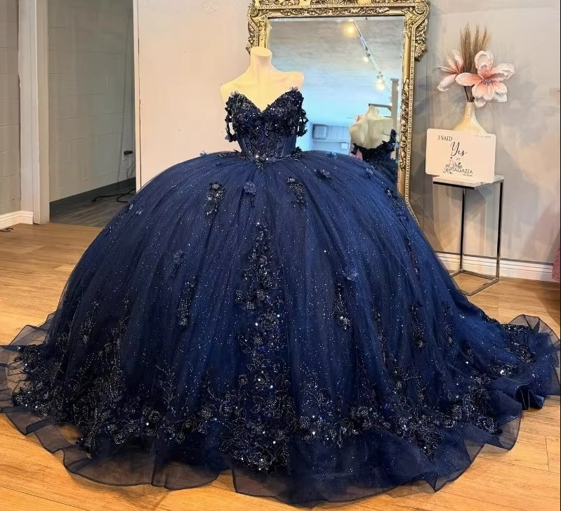 Mexico Navy Quinceanera Dress Ball Gown Floral Appliques Beaded Crystal Corset Sweet 16 Vestido De 15 Anos - Fashionpara