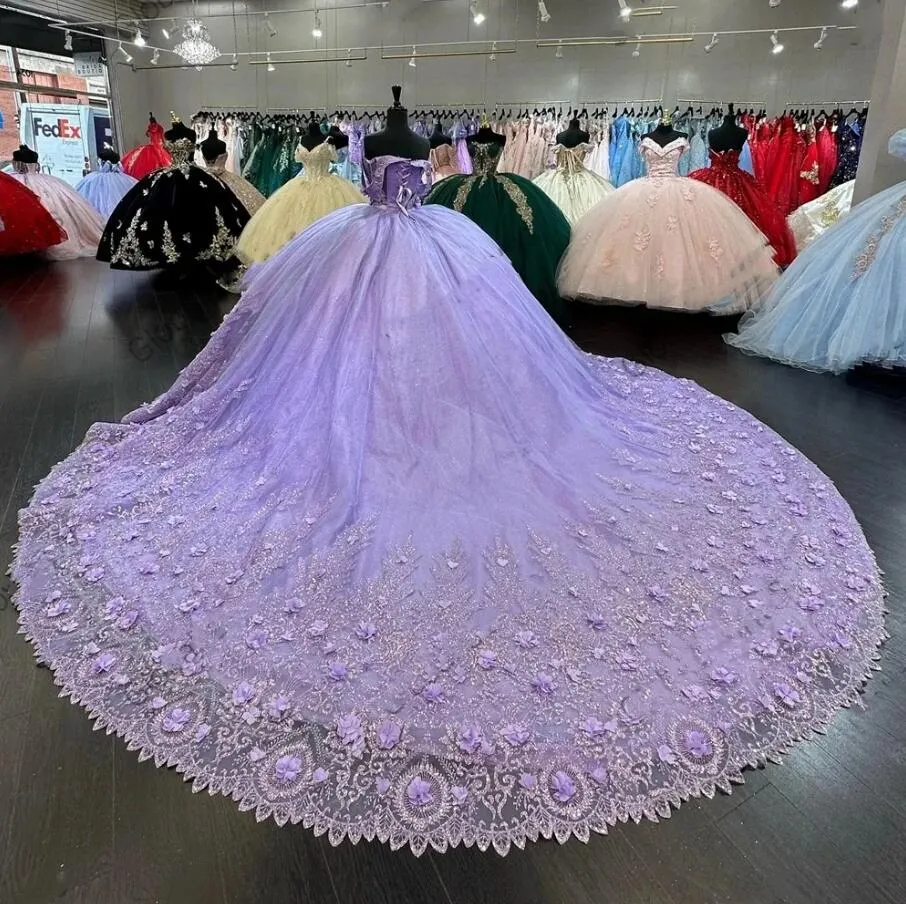 Mexico Purple Sweetheart Quinceanera Dress Beaded Appliques Corset Prom Dress 3D Flowers Ball Gown Sweet 16 Robe De Bal - Fashionpara