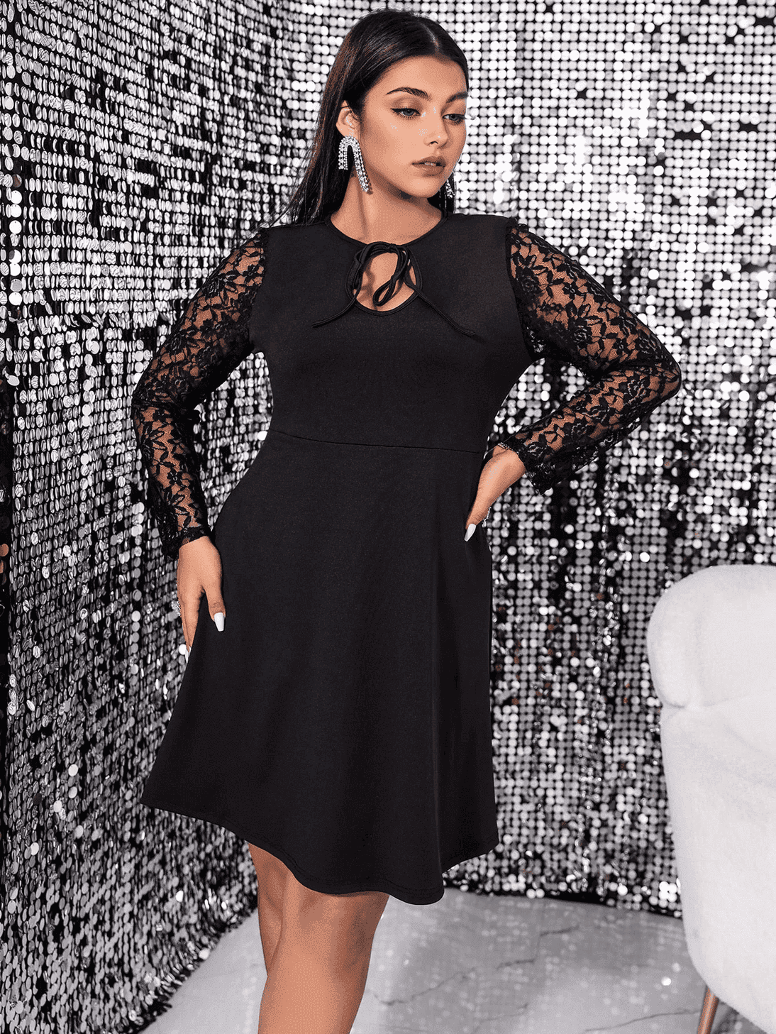 Sheer Lace Long Sleeve Tie-Neck A-Line Mini Dress 8