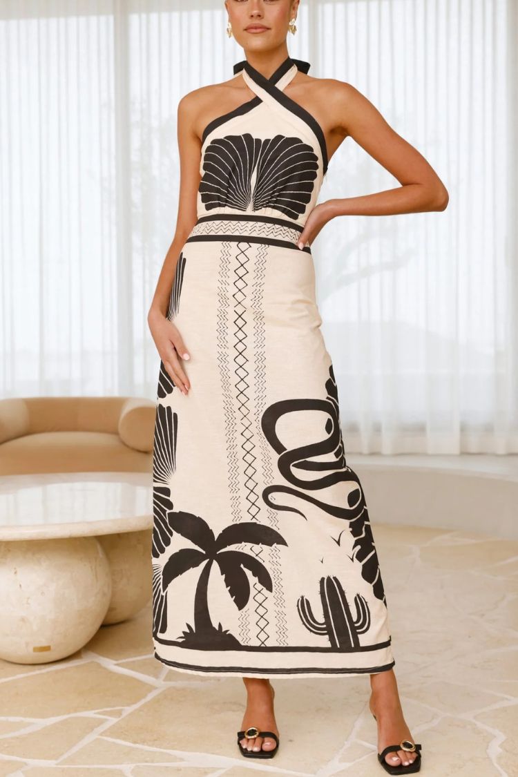 Shell Print Holiday Style Halter Neck Maxi Dress - Fashionpara