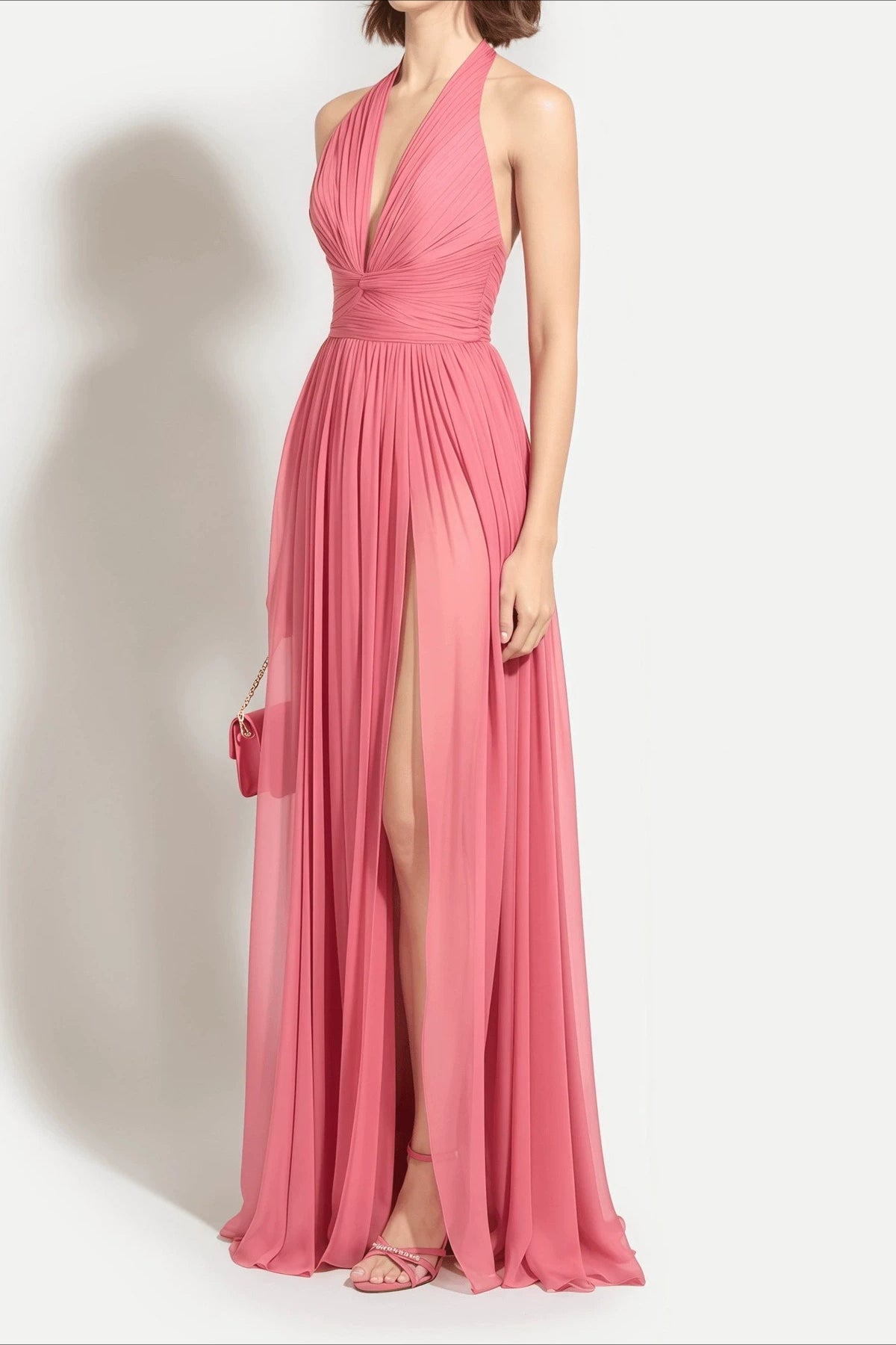Chiffon Halter Neck Plunge Twist Front Gown 3